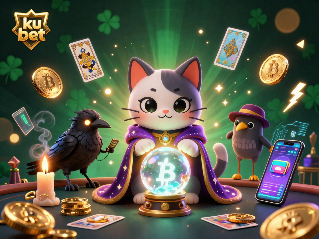 Engage with the thrilling ku bet experience in 3D casino artistry featuring fortune tellers and glowing crypto elements.
