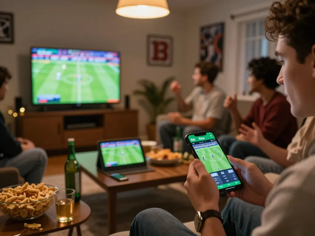 Friends excitedly placing bets using the 9bet app while watching a live sports game.