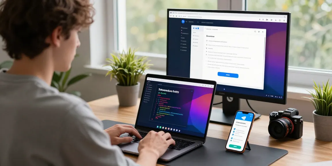 Download Telegram app on a laptop in a modern workspace filled with tech gadgets and notifications.