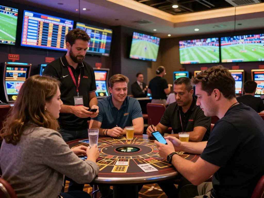 Watch Bsport players engage in sports betting at a sleek modern casino venue with vibrant screens