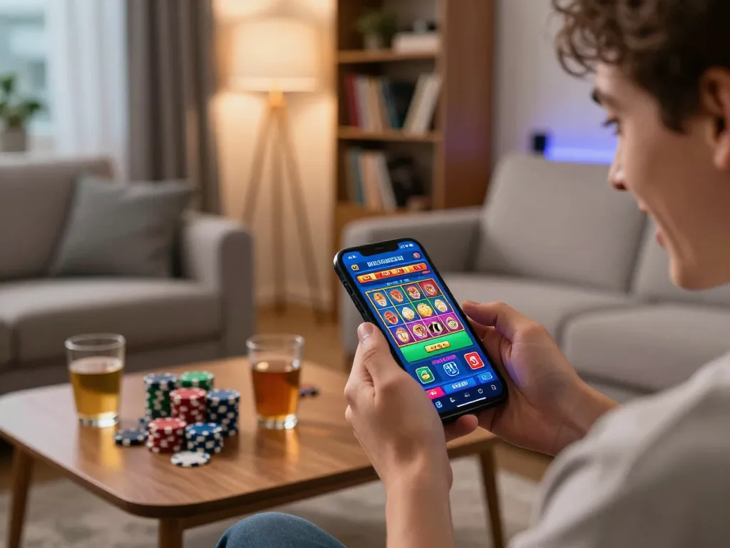 Engaging with tg88com mobile casino app while enjoying gameplay at home, showcasing dynamic online gambling.