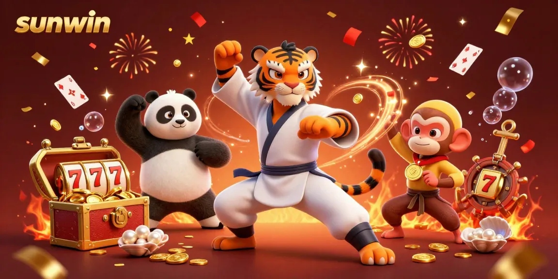 Experience the thrill of sunwin gaming with a kung fu tiger master and panda disciple amidst vibrant casino elements.