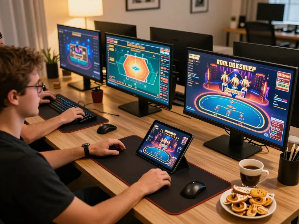 Engaged player strategizing a DA88 online casino game with multiple screens and dynamic graphics