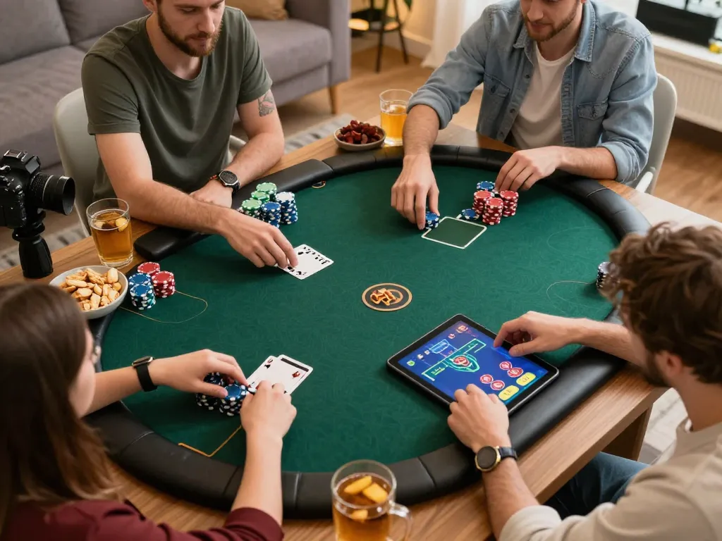 LU88 online poker game on tablet showing chips and betting options in a cozy environment