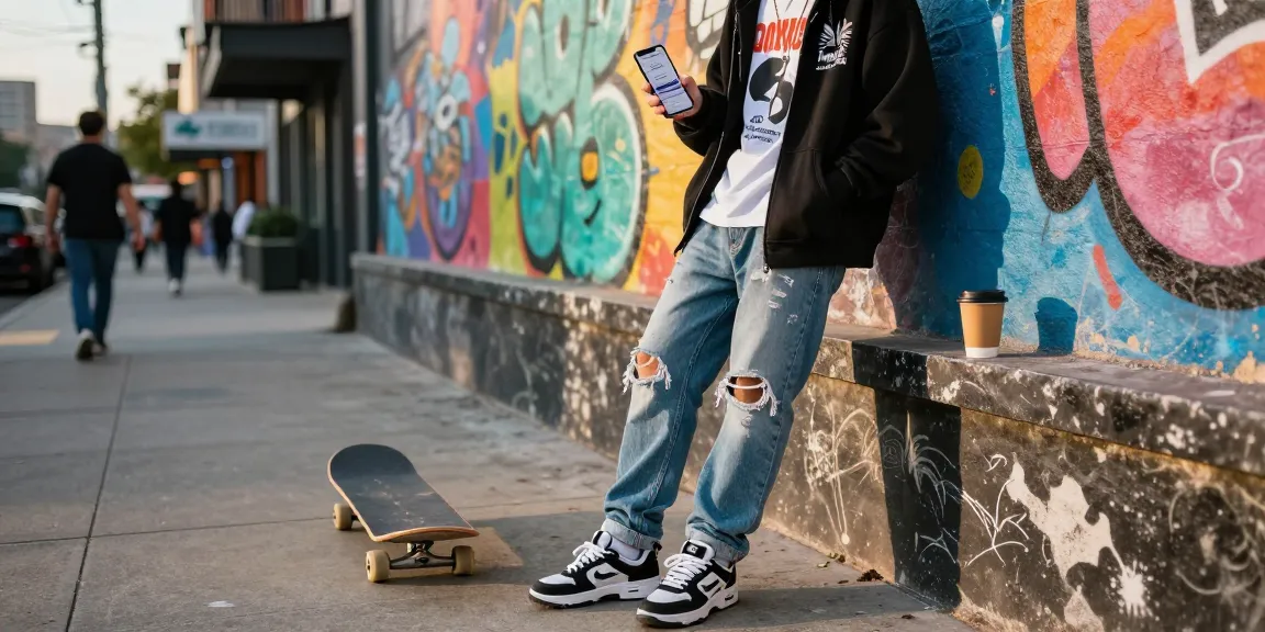 Urban streetwear fashion scene featuring a young adult showcasing rokok88 login on smartphone amidst vibrant city life.