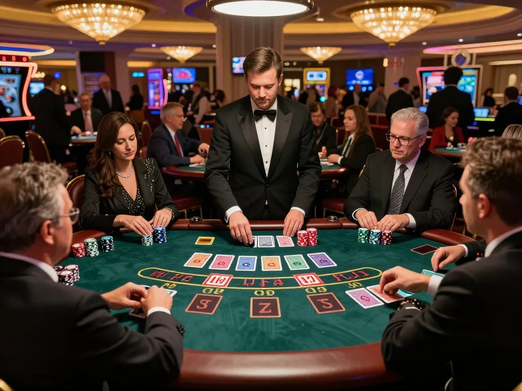 Hitclub blackjack players engaged in high-stakes gameplay at an upscale casino table.