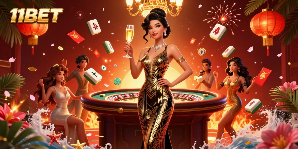 Engage in high-stakes gaming with 11BET, featuring a glamorous Asian woman and vibrant casino elements.