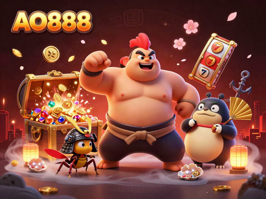 Experience the thrill of AO888 with a powerful sumo wrestler rooster, a fierce cricket, and dynamic game treasures!