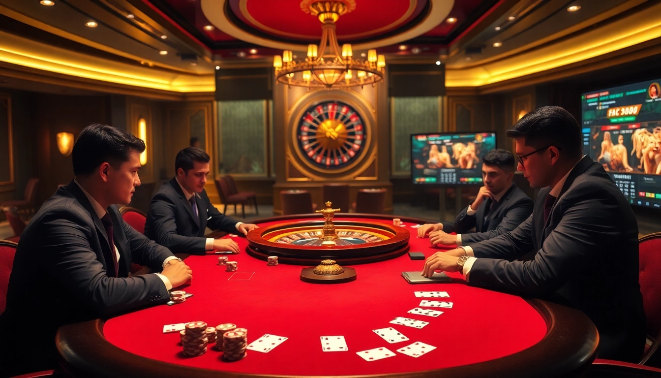 FC88 players strategizing at a luxurious poker table with chips and cards, capturing the thrill of gambling.