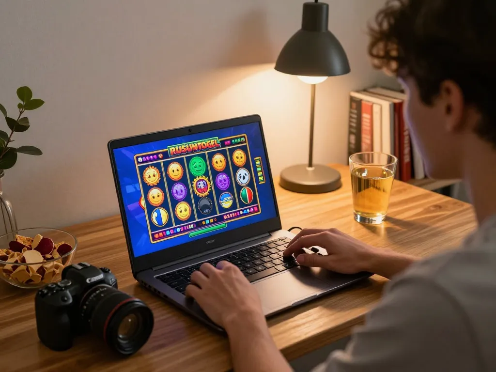 Engaging in rusuntogel slots gameplay at a cozy home office setting with relaxing lighting.