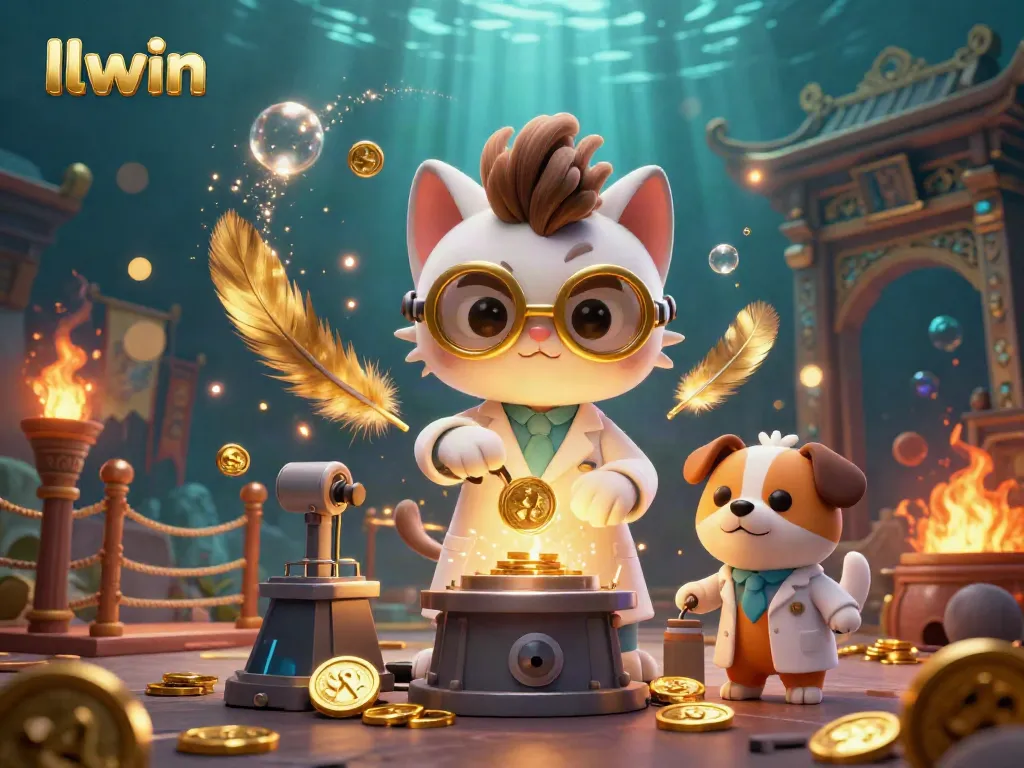 llwin presents an energetic scene with a mad scientist cat and lab assistant dog in a vibrant casino setting.