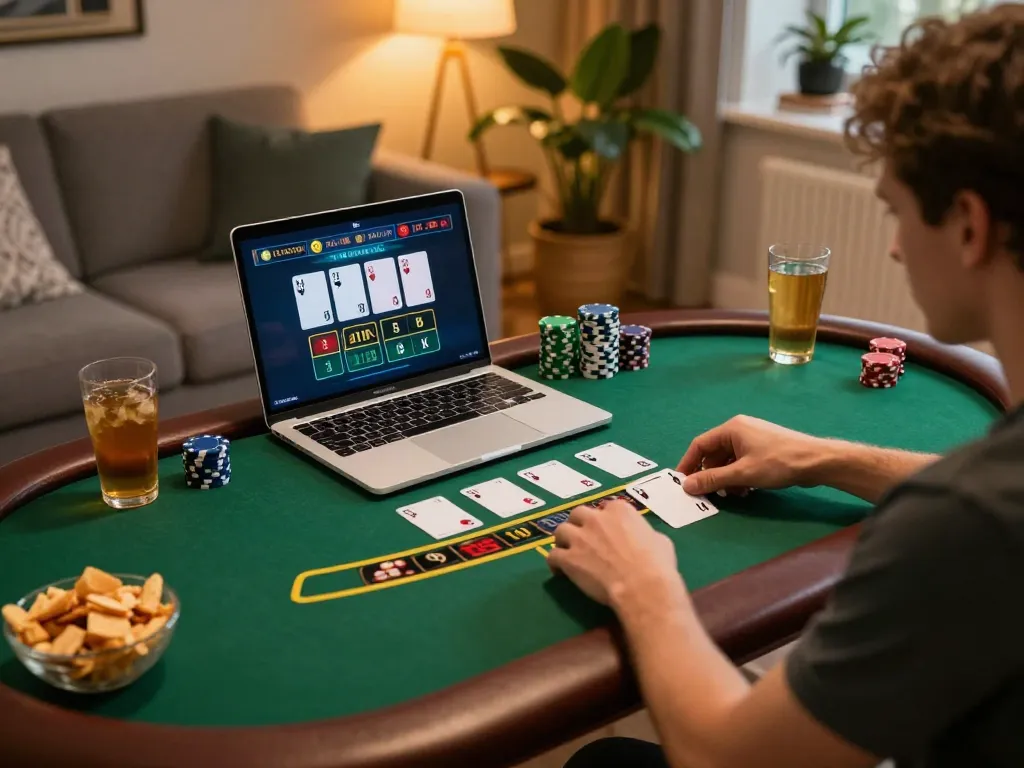 g28 player engaging with live dealer blackjack on a laptop at home with snacks.