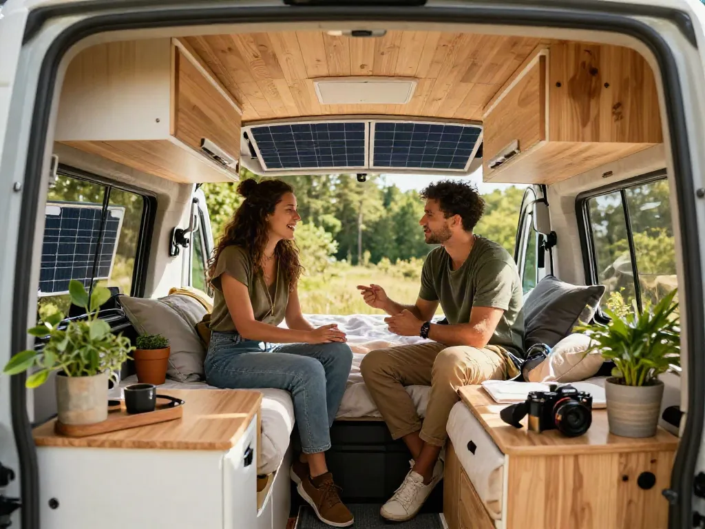 Couple discussing campervan travel plans inside their cozy van with solar panels, rokok88 super adventure.