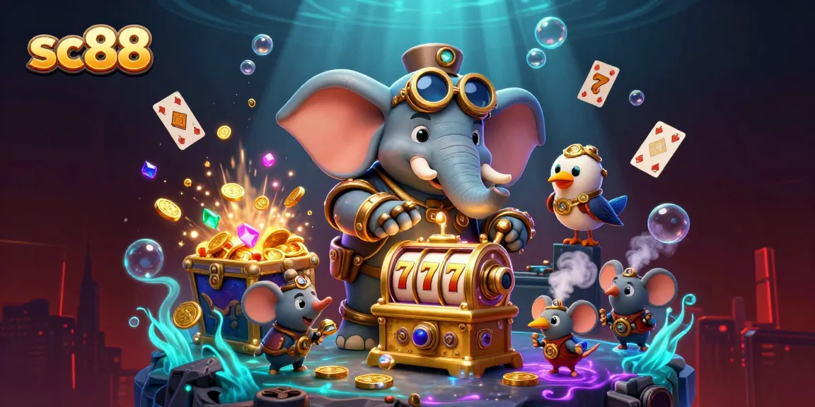 Win big with sc88's golden slot machine in a vibrant, steampunk-themed casino scene.