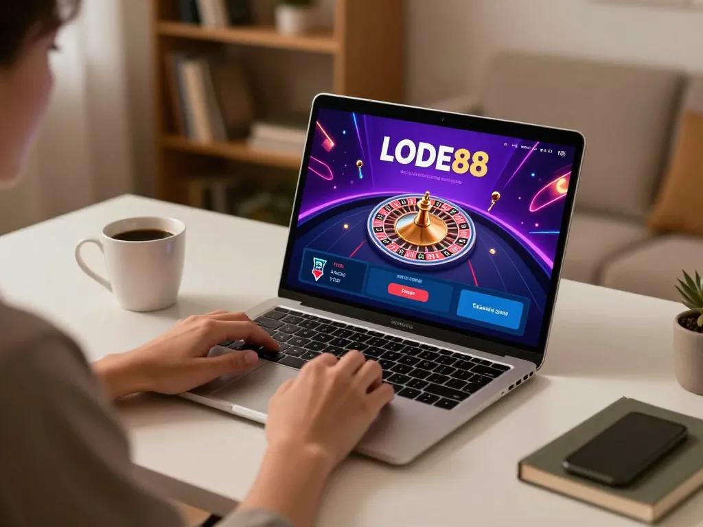 Engaging in LODE88 online gaming with a laptop setup showing roulette interface and inviting atmosphere.