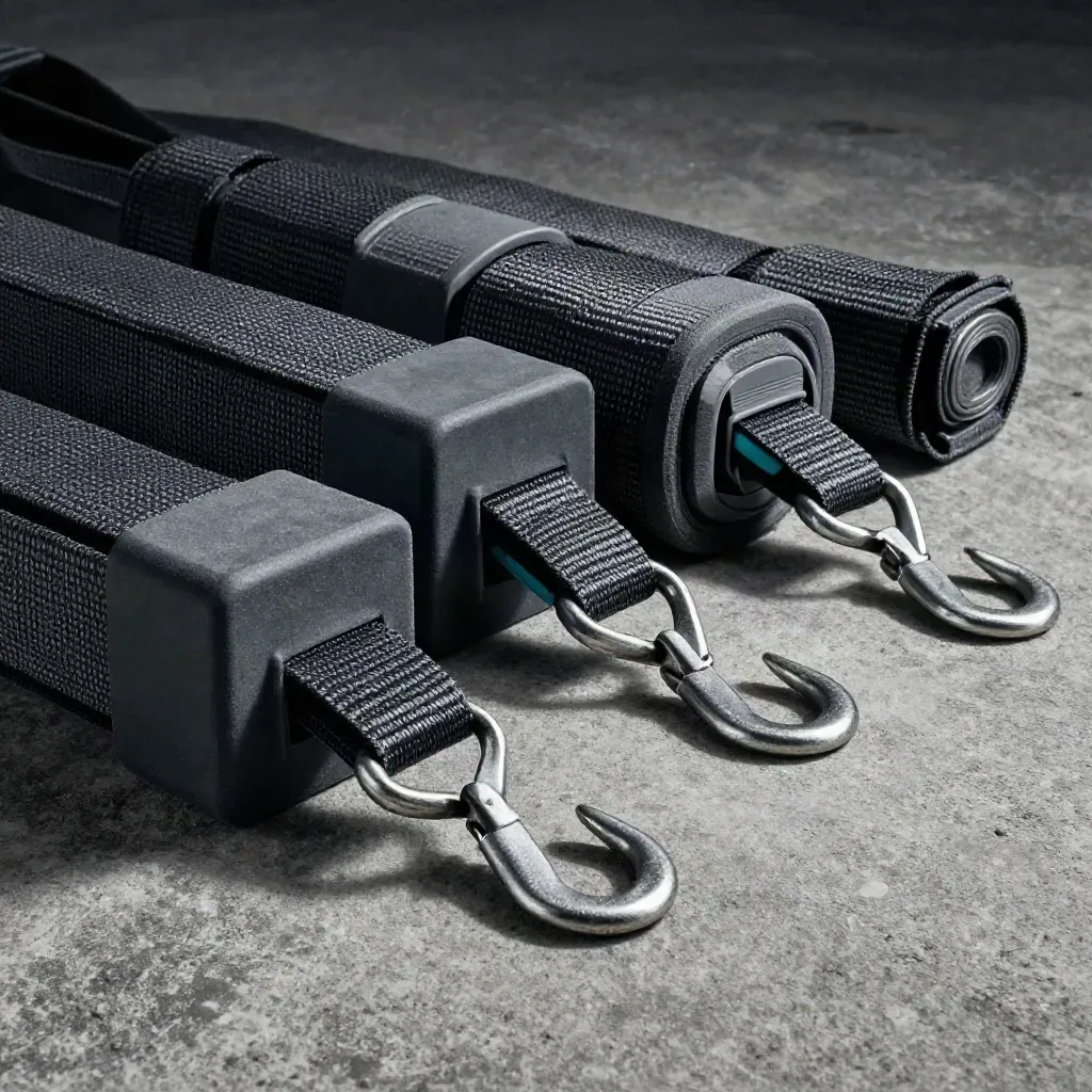 Cinghie cargo, ganci d’acciaio e blocchi grafite su cemento, con polvere e luce radente.