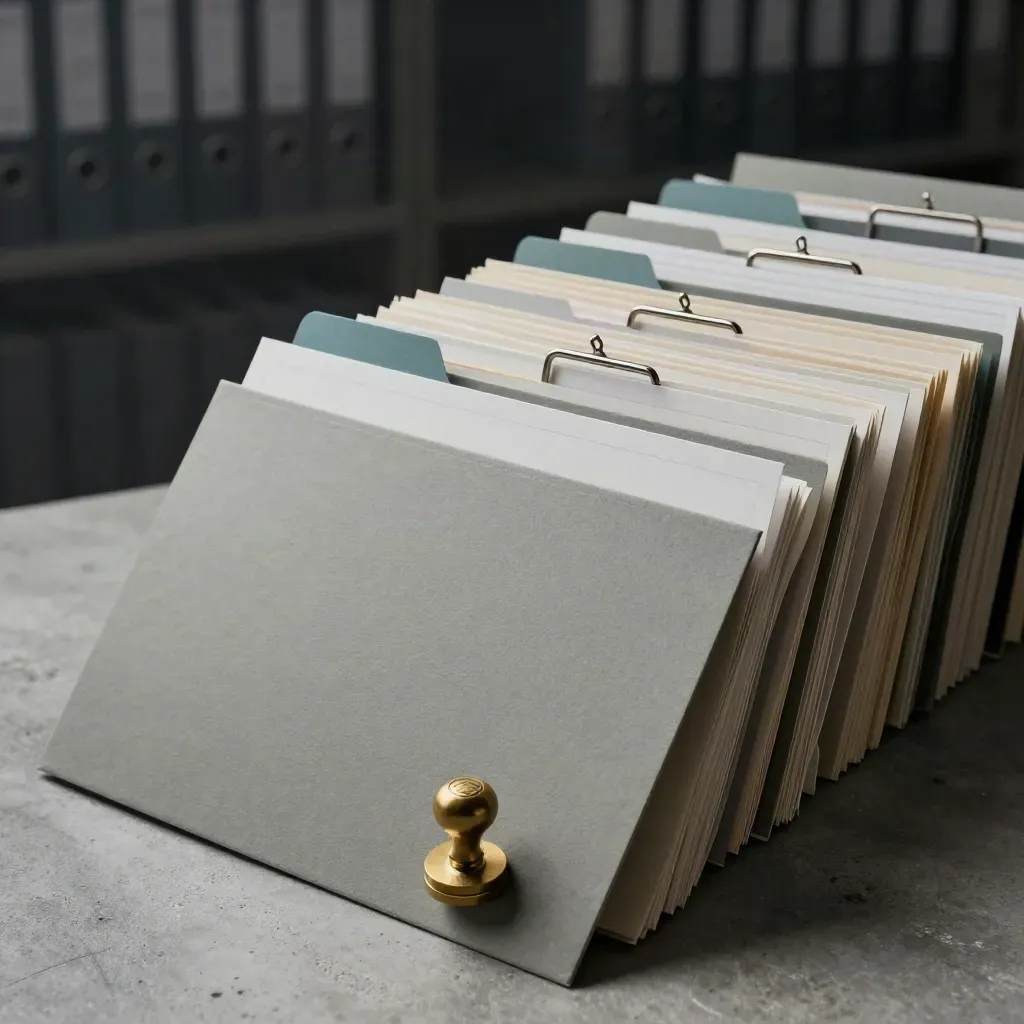 Cartelle archivio diagonali, schede bianche, morsetti metallici e timbro in ottone su fondo scuro.