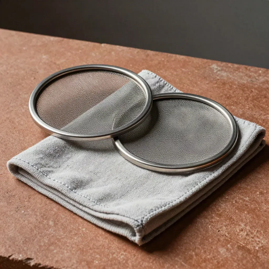 Flat lay di filtri a rete, tamponi piegati e panni in microfibra su pietra grigio terracotta.
