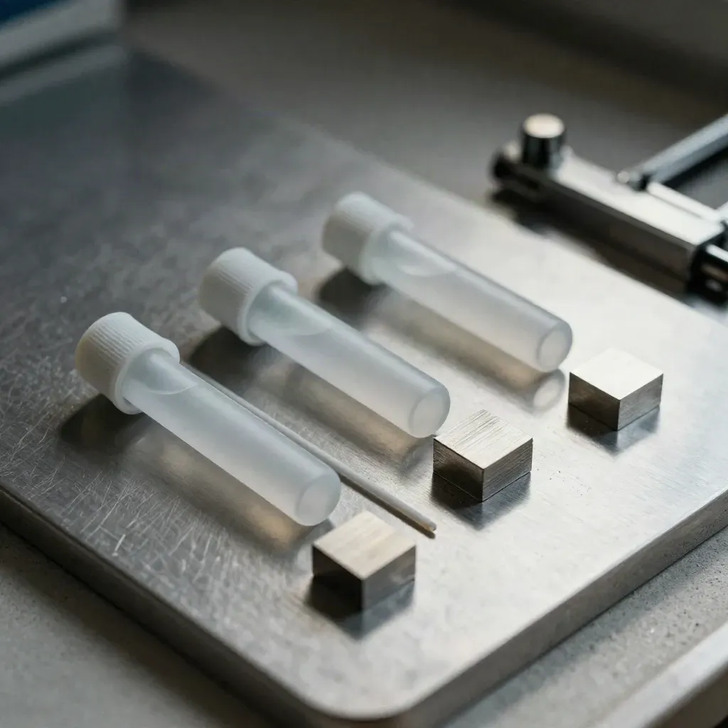 Provette opache, morsetto e blocchi campione in un allestimento laboratorio diagonale.