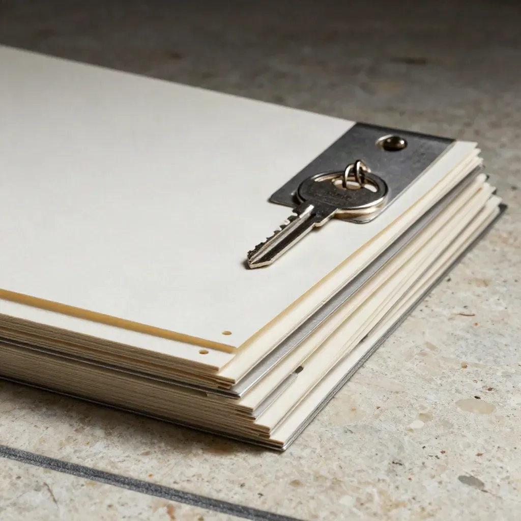 Schede archivio forate con distanziatori metallici su travertino chiaro, luce drammatica