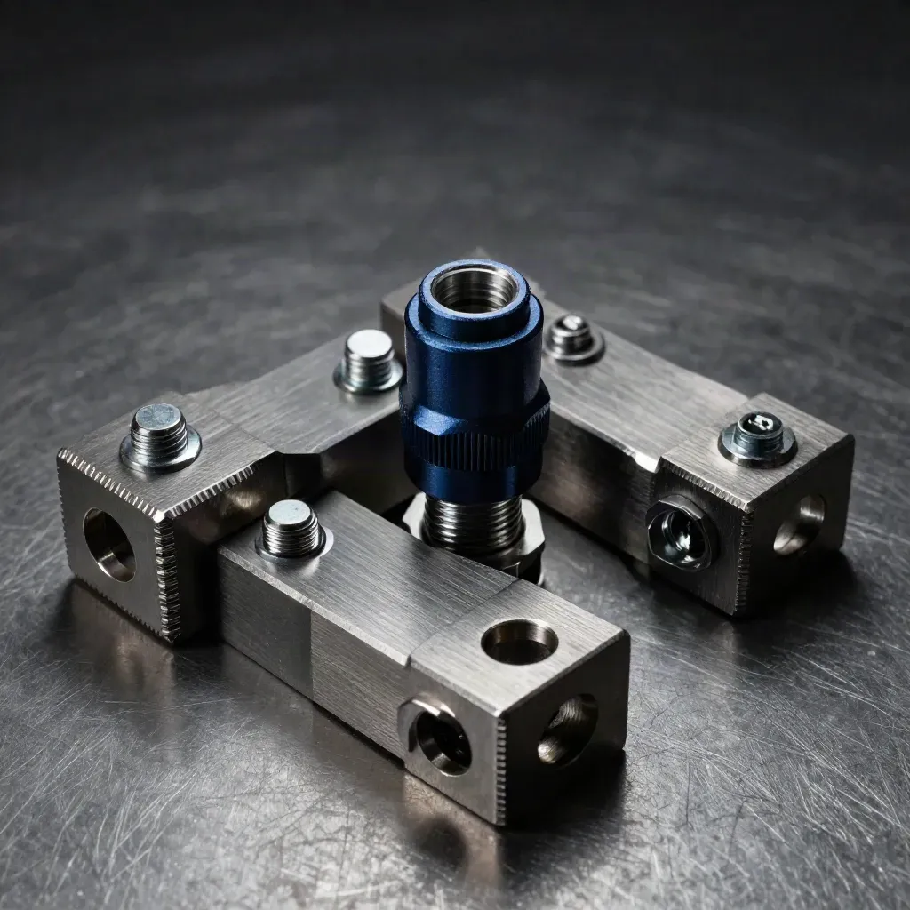 Piastre meccaniche interlocking su metallo scuro, con bulloni e distanziatori