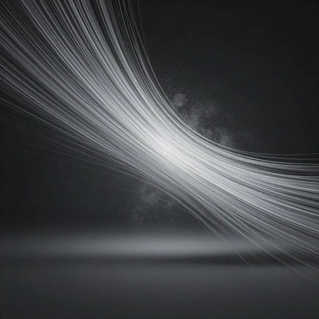 Filamenti d’argento convergono in un bloom luminoso su sfondo grafite.
