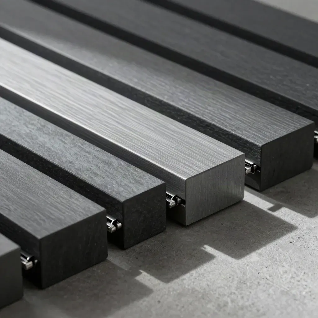 Moduli industriali a gradino con perni e fermagli su fondo scuro, luce radente.