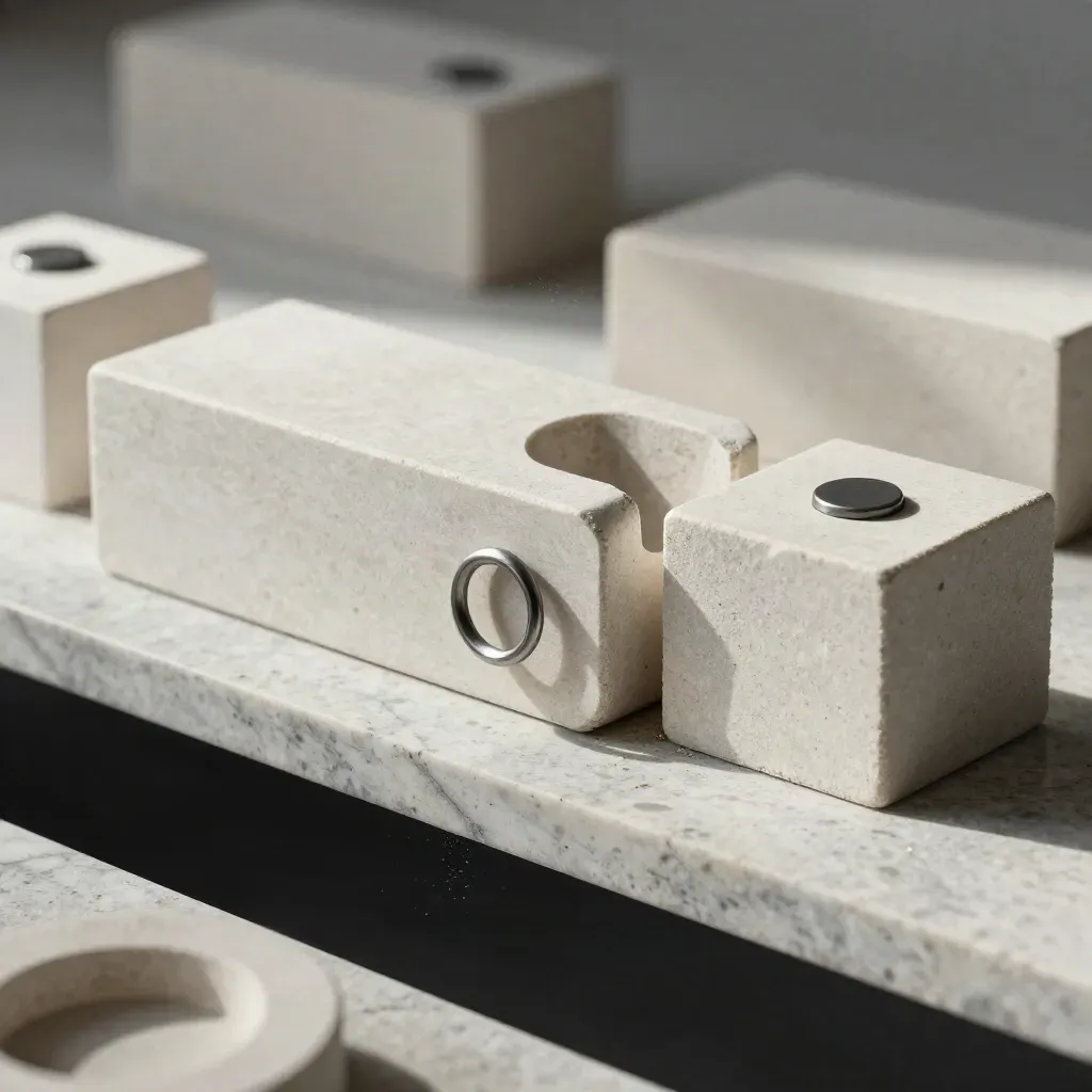 Blocchi modulari in pietra chiara con anelli metallici e perni magnetici in luce soffusa.