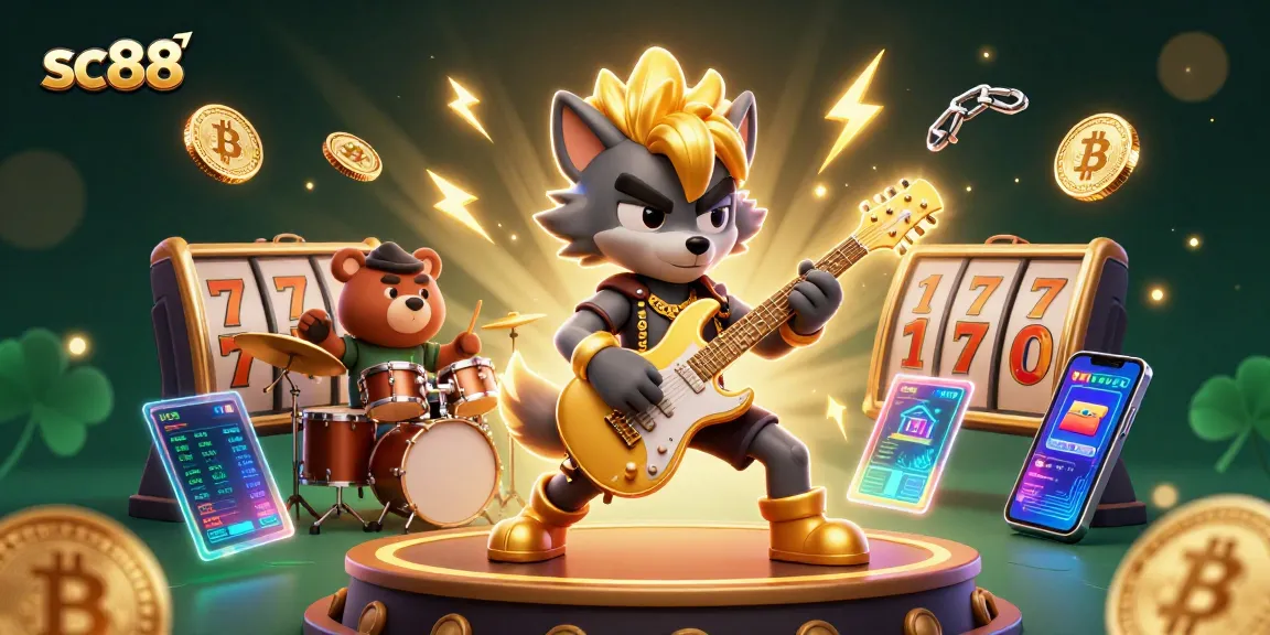 Experience the excitement of sc88 in a vibrant casino scene with animated characters and cryptocurrency elements.
