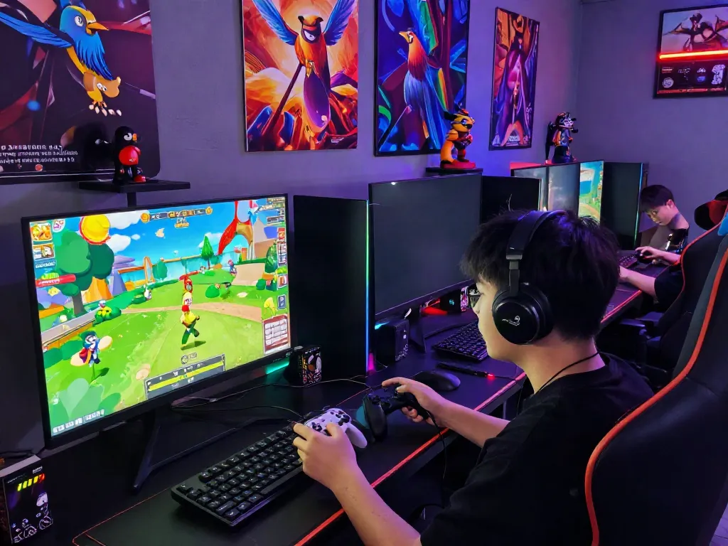 Engaged gamer enjoying rokok88's virtual bird-catching arena, surrounded by vibrant graphics.