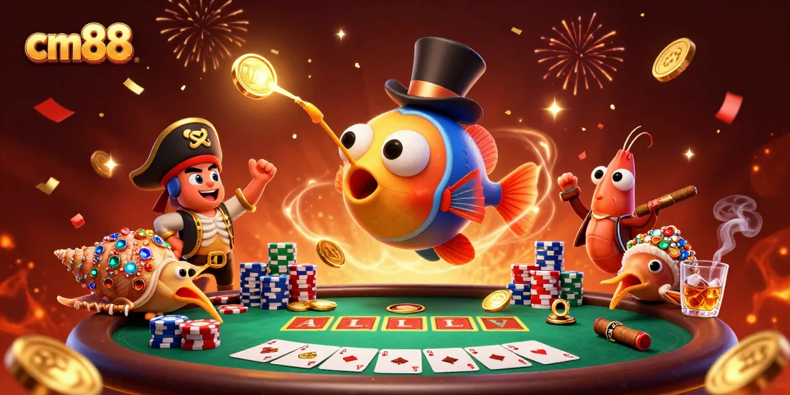 Experience excitement with cm88 featuring a deep-sea anglerfish attracting coins with its glowing lure in this vibrant casino scene.