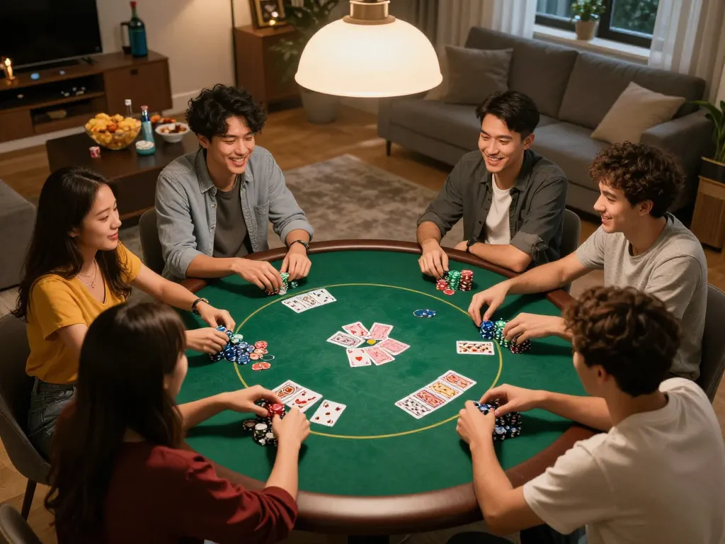 OnBet players enjoying a friendly poker game at home with chips and cards visible in a cozy setting.