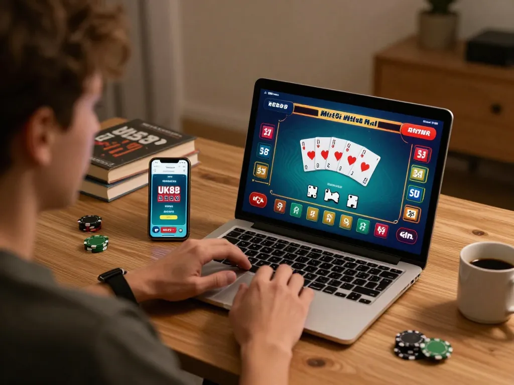 Player enjoying poker on UK88 app at home, highlighting strategic online gambling