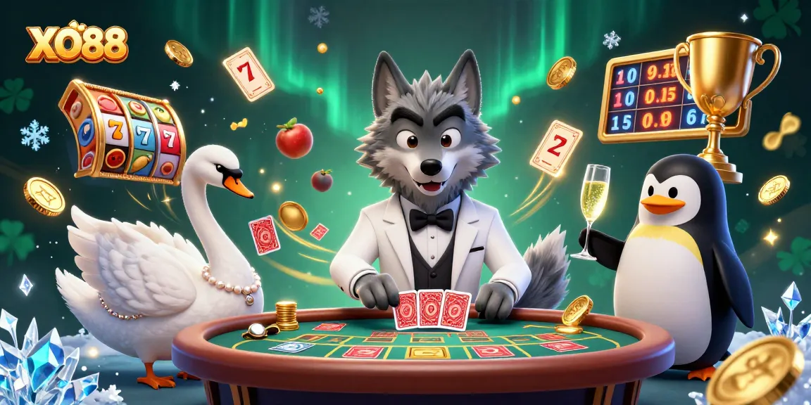 Spin the reels at XO88 with a vibrant illustration showcasing dynamic casino elements and characters, elevating your gaming experience.