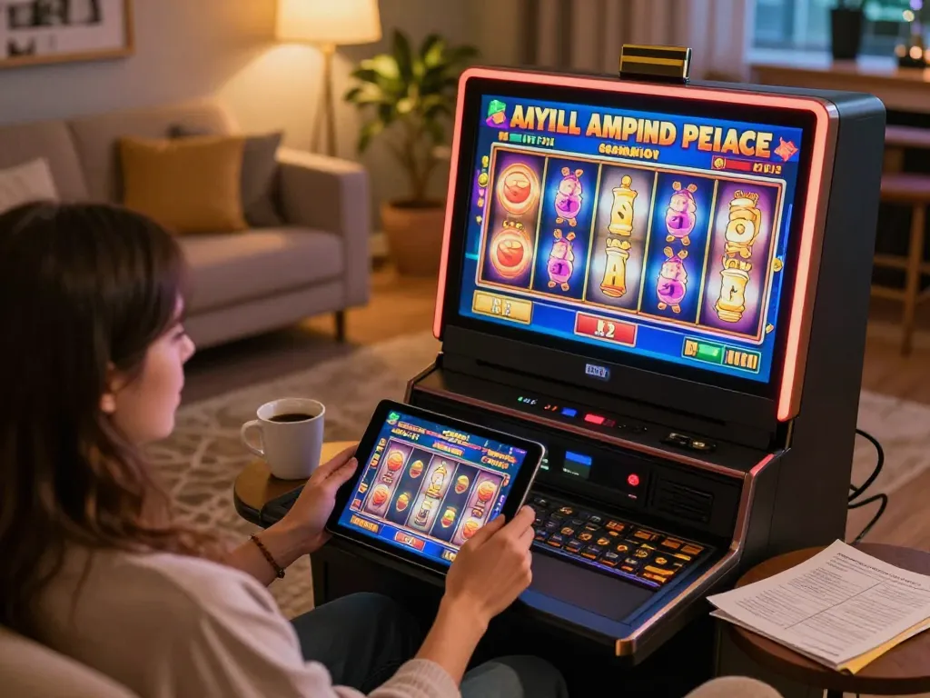 Engaging in a thrilling TR88 online casino slot game from home, with vibrant graphics and strategy notes.