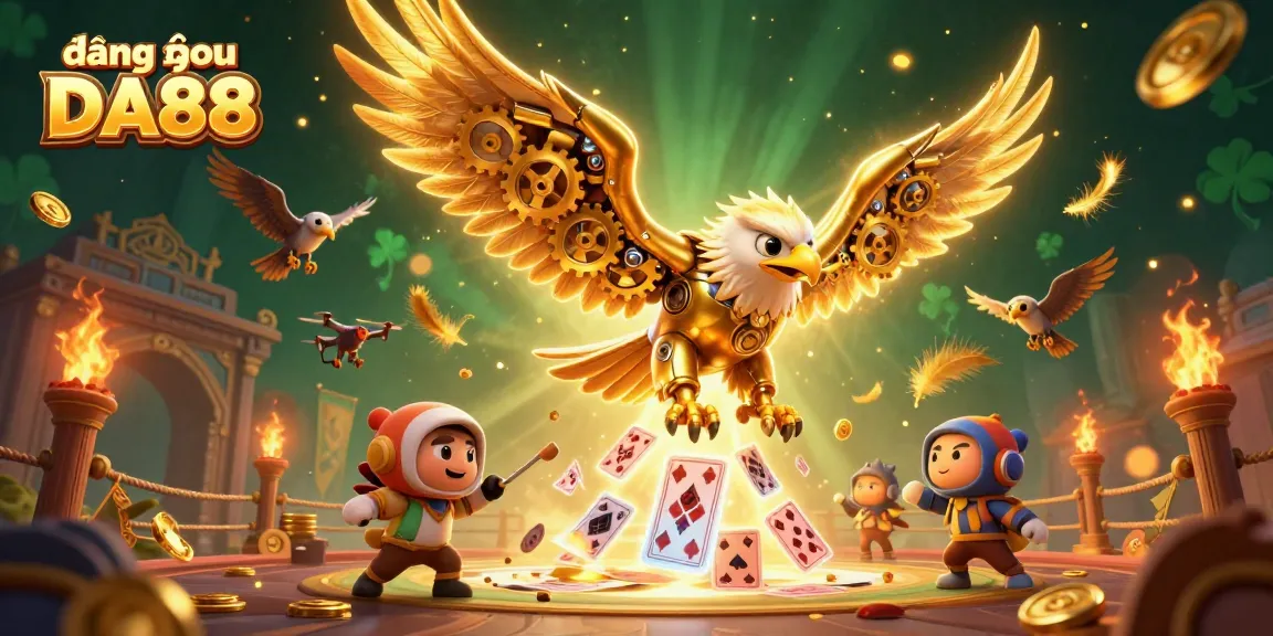 Engage in thrilling gameplay with đăng nhập DA88, featuring a cybernetic eagle amidst holographic cards in a vibrant casino setting.
