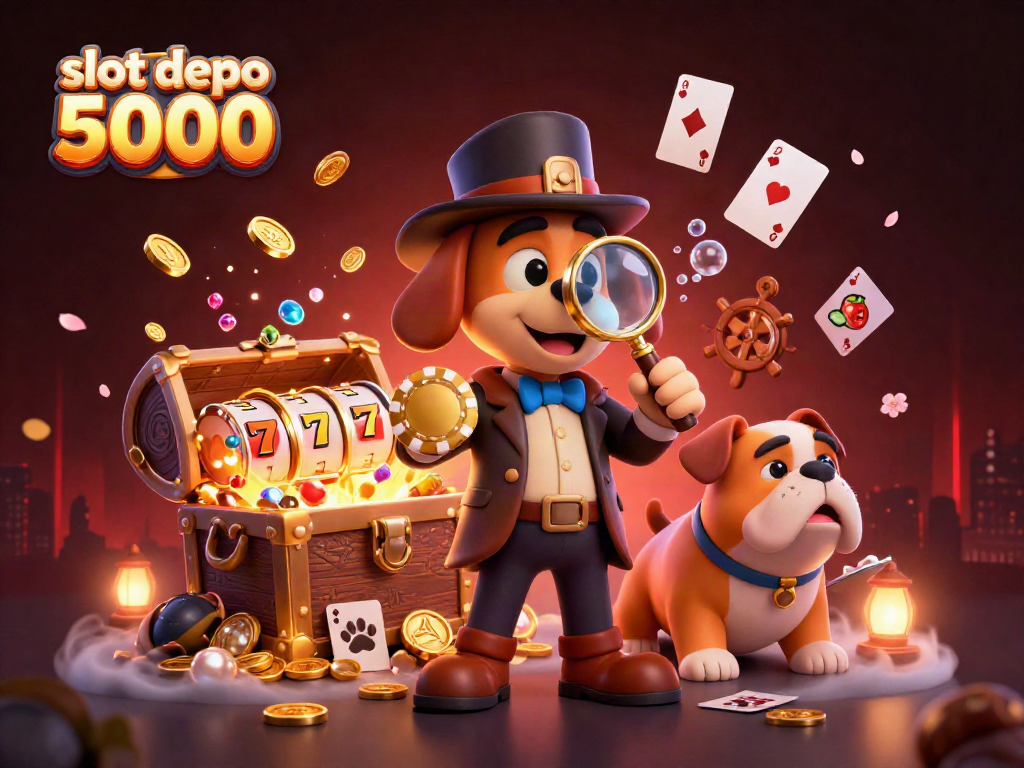 Detective bloodhound examining a golden poker chip clue amidst vibrant slot elements, slot depo 5000.