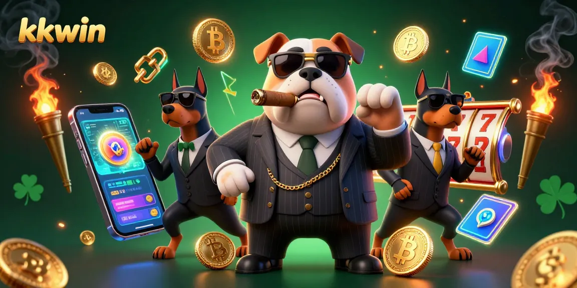 Engage with kkwin in a vibrant 3D casino scene featuring a mafia bulldog and Doberman bodyguards.