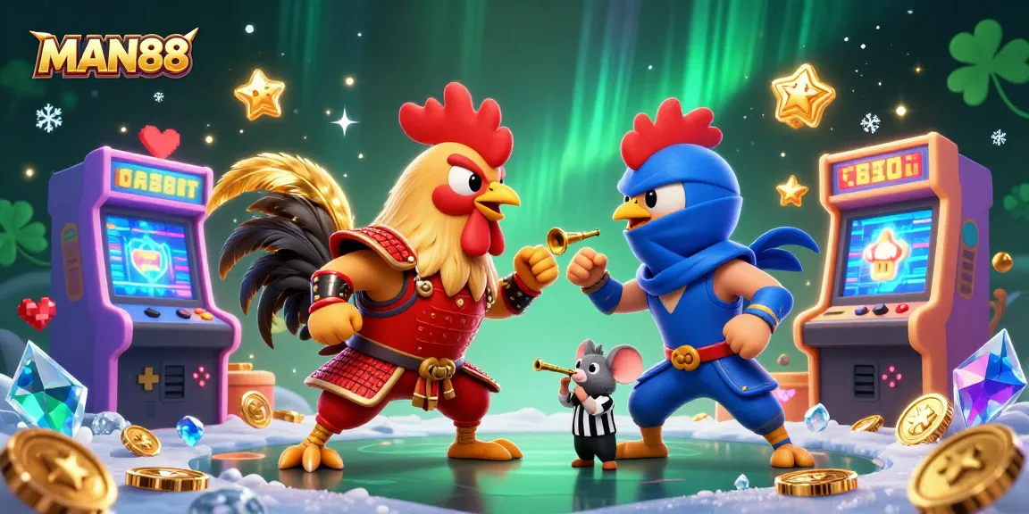 Experience thrilling action with MAN88 roosters in a dynamic fighting scene featuring vibrant gaming elements.