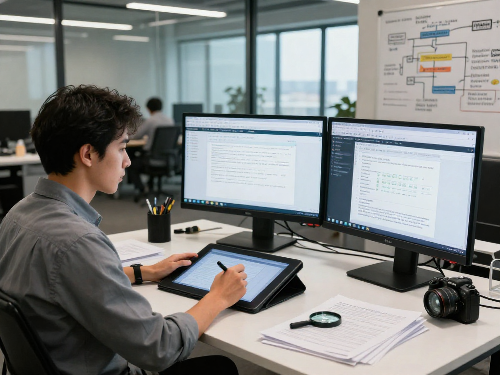 Document fraud detection analysis in a modern workspace highlighting technology and professional diligence.