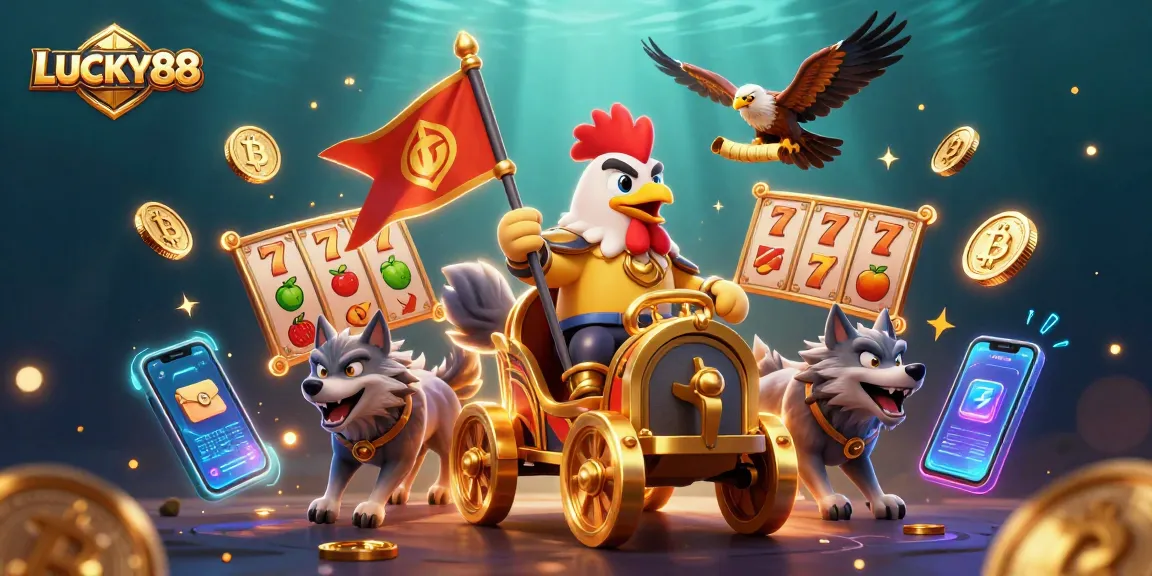 LUCKY88 slot symbols surround a dynamic rooster warlord in a vibrant 3D casino scene