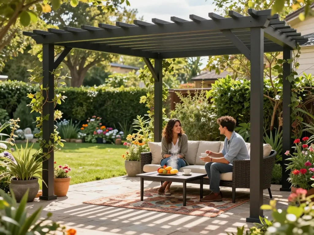 Couple enjoying tea under a stylish 3D pergola in a vibrant garden setting.