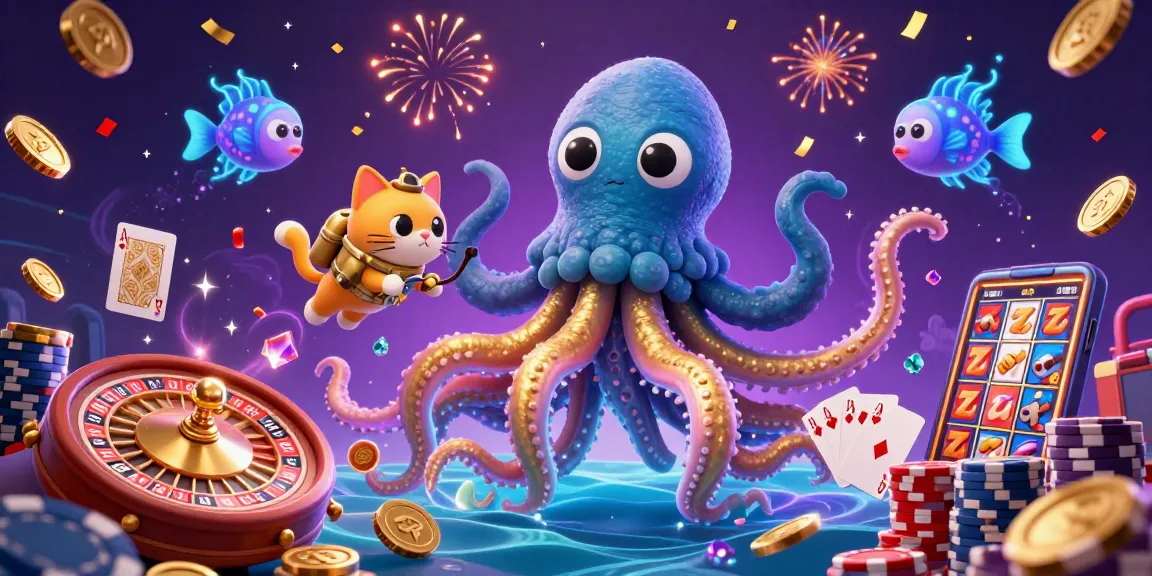 S8 offers a vibrant online casino scene with a kraken, diving cat, and sparkling treasures in motion.