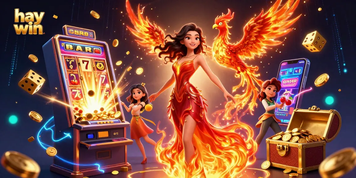 Win big with hay win at the exciting casino scene featuring a stunning Asian woman and vibrant slot machine!
