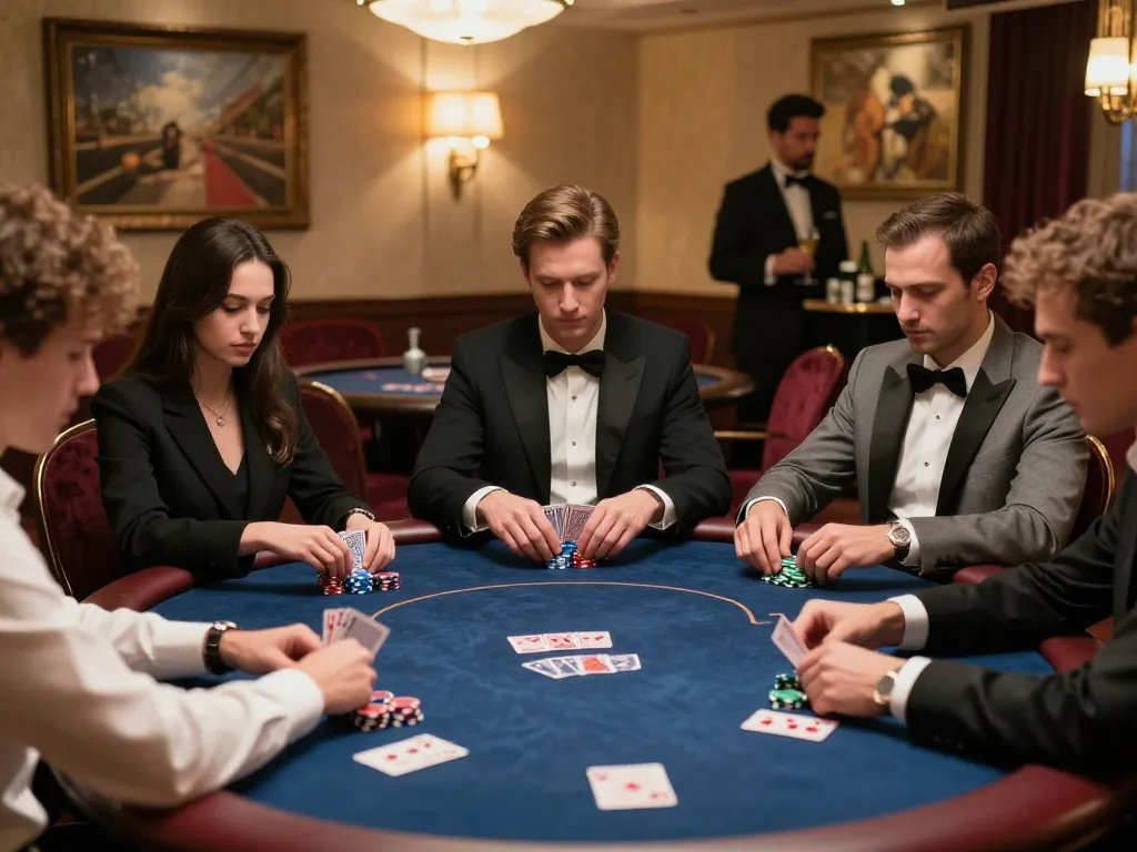 Experience the thrill of high-stakes poker at 79king's luxurious VIP room, showcasing players strategizing their winning moves.