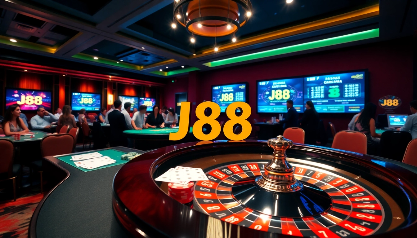 Experience the excitement of J88 with vibrant casino games, chips, and tables.