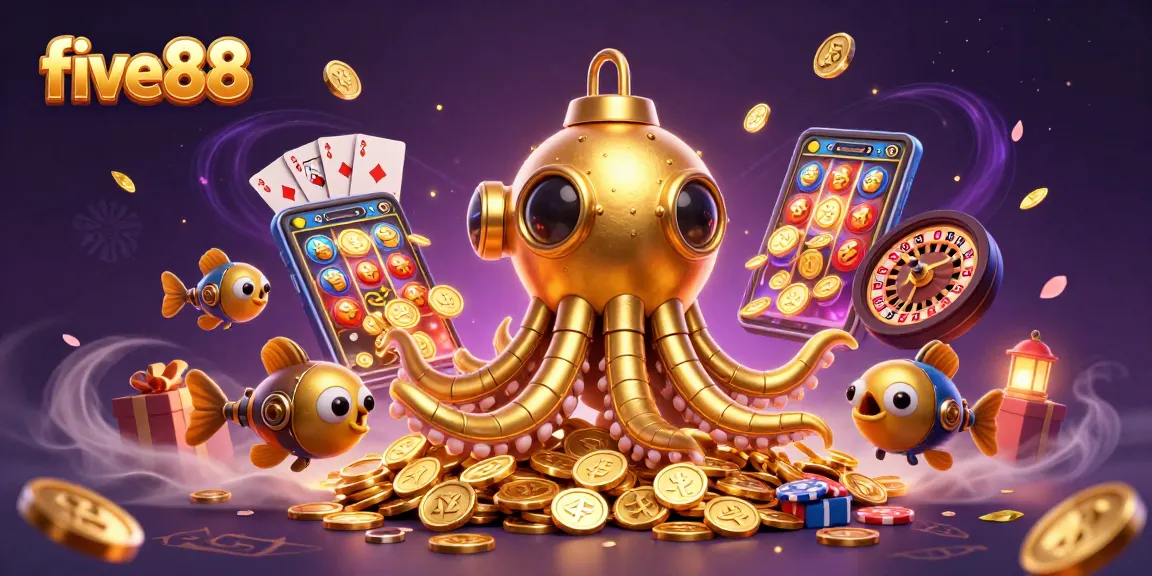 Experience thrilling slots and games at five88 with a dynamic kraken and mechanical fish swimming through golden coins.