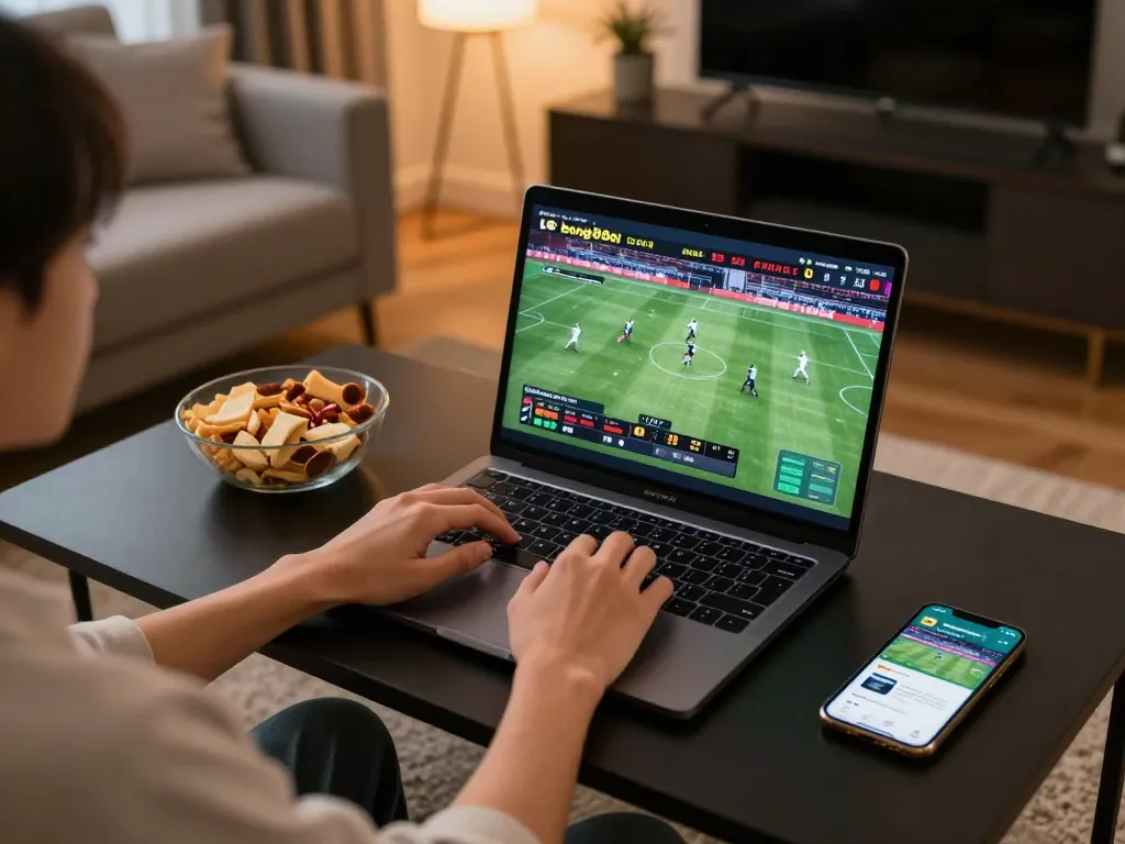 Person engaged in online sports betting with bong88i on a laptop at a cozy home setup