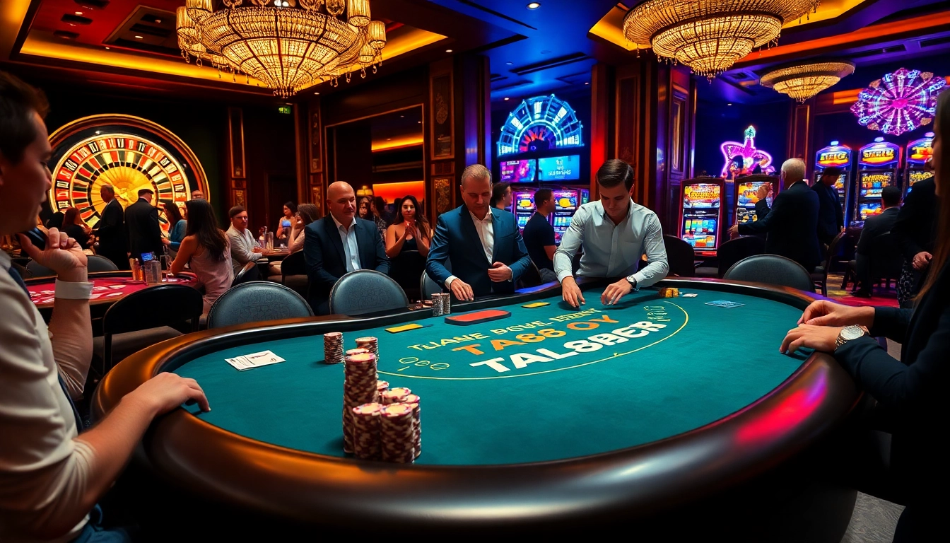 Experience thrilling blackjack gameplay at the TA88 casino, with elegant decor and high stacks of chips.