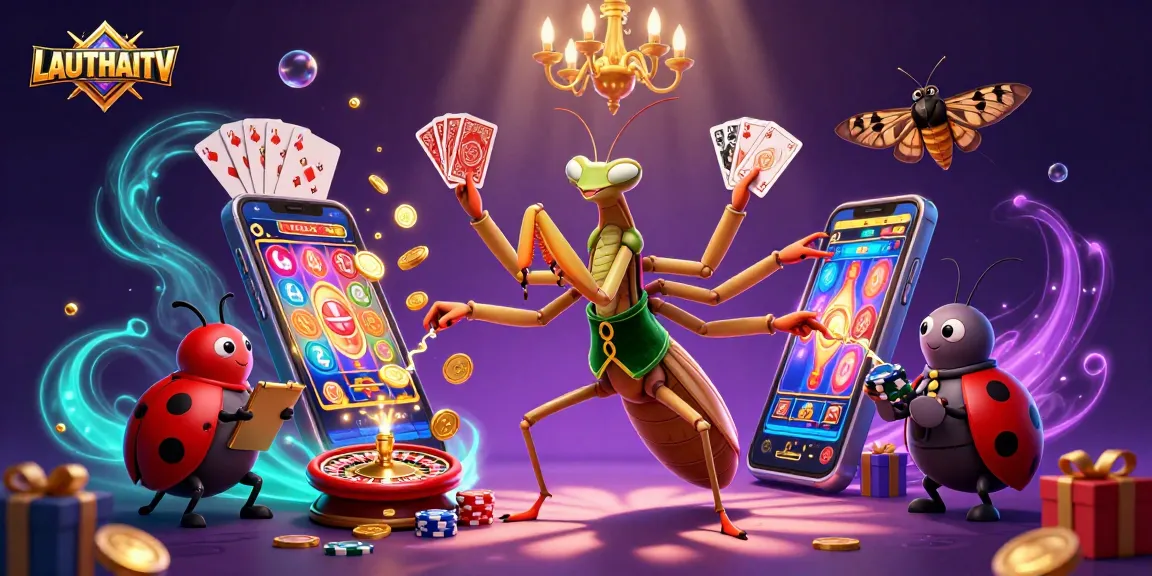 LauThaiTV features a dynamic scene of gambling excitement with a mantis card sharp and a ladybug pit boss.